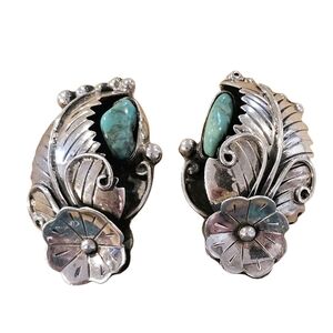 Vintage Sterling Mexico Sterling Turquoise Floral Large Clip-On Earrings